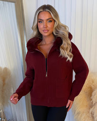 Aspen Faux Fur Hood Cardigan- Wine