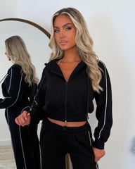 Daphne Cropped Long Sleeve Straight Leg Tracksuit with Piping Detail - Black