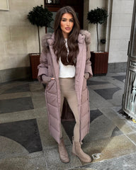 Helena Long Padded Coat with Faux Fur Detail Hood - Taupe