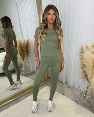 Honey Sculpt Slinky T-Shirt & Leggings Set - Khaki