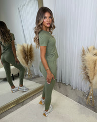 Honey Sculpt Slinky T-Shirt & Leggings Set - Khaki