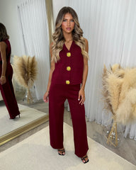Diana Large Gold Button Detail Waistcoat & Straight Leg Trouser Set - Wine