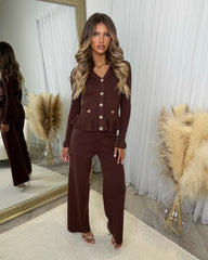 Ivana Ribbed Gold Button Long Sleeve Frill Detail Top & Trouser Set - Chocolate