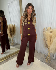 Diana Large Gold Button Detail Waistcoat & Straight Leg Trouser Set - Chocolate