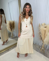 Clarissa Gold Button Detail Waistcoat & Frill Skirt - Beige