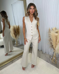 Mila Elasticated Waist Patterned Straight Leg Trouser - Beige