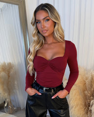 Olive Square Neck Ruched Front Long Sleeve Bodysuit - Burgundy