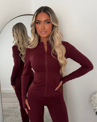Kira Zip-Up Jacket & Flared Leg Gym Set - Wine
