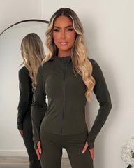Lexi Fleece Lined Zip Jacket & Flared Trouser Gym Set - Khaki