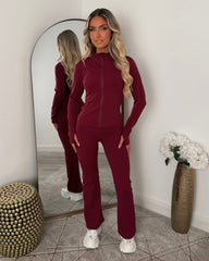 Lexi Fleece Lined Zip Jacket & Flared Trouser Gym Set - Wine