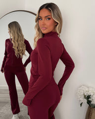 Lexi Fleece Lined Zip Jacket & Flared Trouser Gym Set - Wine