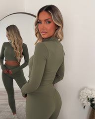 Vexa Cropped Top, Jacket & Leggings Gym Set - Khaki