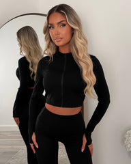 Vexa Cropped Top, Jacket & Leggings Gym Set - Black