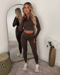 Vexa Cropped Top, Jacket & Leggings Gym Set - Chocolate