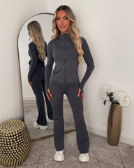 Aria Zip Jacket with Pockets & Flared Trouser Gym Set - Charcoal