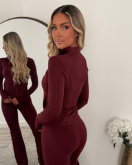Aria Zip Jacket with Pockets & Flared Trouser Gym Set - Wine