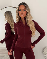 Aria Zip Jacket with Pockets & Flared Trouser Gym Set - Wine
