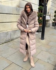 Mia Faux Fur Pull in Waist Long Padded Coat - Taupe