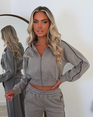 Daphne Cropped Long Sleeve Straight Leg Tracksuit with Piping Detail - Dove Grey