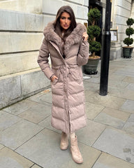 Mia Faux Fur Pull in Waist Long Padded Coat - Taupe