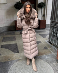 Anastasia Longline Belted Hooded Faux Fur Coat - Taupe