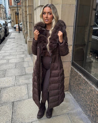Arielle Long Padded Coat with Faux Fur Trim Hood - Brown