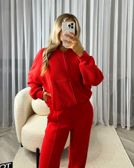 Amelia Bomber Zip Jacket & Straight Leg Joggers Set- Red