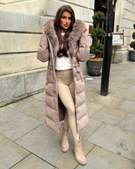 Mia Faux Fur Pull in Waist Long Padded Coat - Taupe