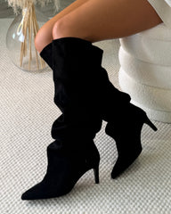 Constance Knee-Length Heeled Boots - Black Suede