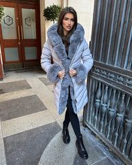 Emma Padded Faux Fur Trim Belted Coat - Grey