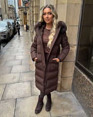 Keke Long Quilted Faux Fur Hood Coat- Chocolate