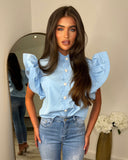 Perrie Peplum Short Sleeve Blouse - Sky Blue