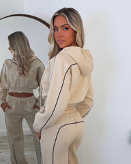Daphne Cropped Long Sleeve Straight Leg Tracksuit with Piping Detail - Oatmeal