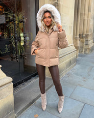 Camille Short Faux Fur Trim Puffer Coat- Camel