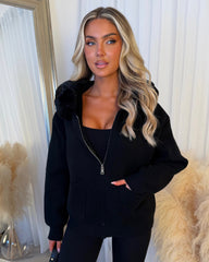 Aspen Faux Fur Hood Cardigan- Black