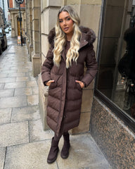 Keke Long Quilted Faux Fur Hood Coat- Chocolate