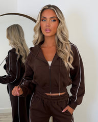 Daphne Cropped Long Sleeve Straight Leg Tracksuit with Piping Detail - Chocolate
