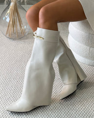 Hester Knee High Fold-Over Boots with Gold Detail- White PU