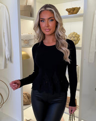 Violetta Ribbed Top with Lace-Up Hem Detail - Black