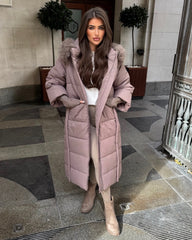 Helena Long Padded Coat with Faux Fur Detail Hood - Taupe