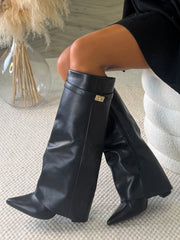 Kasia Knee High Fold Over Heels Boots - Black