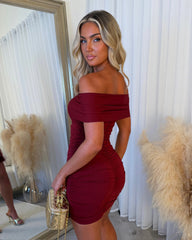 Veronica Off Shoulder Ruched Dress - Wine
