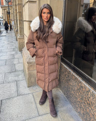 Hallie Padded Coat with Fur Hood  - Chocolate