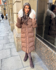 Hallie Padded Coat with Fur Hood  - Chocolate