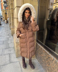 Hallie Padded Coat with Fur Hood  - Chocolate