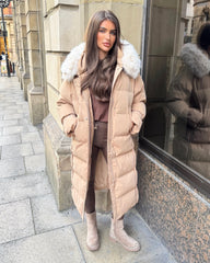 Hallie Padded Coat with Fur Hood  - Camel