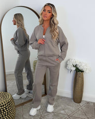 Amelia Bomber Zip Jacket & Straight Leg Joggers Set- Dove Grey