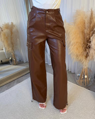 Maisie Pocket Detail Pu Leather Cargo Pants - Camel