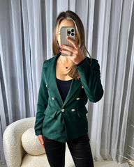 Thea Fitted Gold Button Blazer - Forest Green