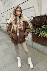 Camille Short Faux Fur Trim Puffer Coat- Chocolate